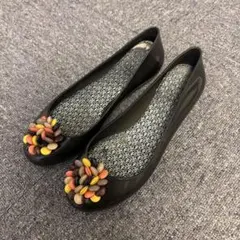 中古美品★黒 花モチーフ フラットシューズレインシューズ