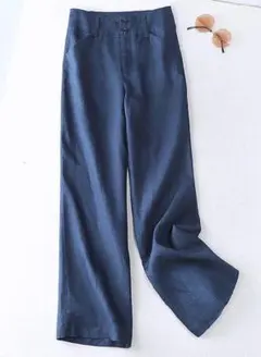 XL柔らか肌触り★前ボタン綿麻ストレートワイドパンツ♪ネイビーXL