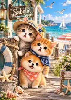 Sabolot　海辺の猫と犬のアートポスター インテリア