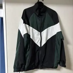 【レトロ】配色切替 ナイロンジャケット M グリーン×ブラック×ホワイト V字