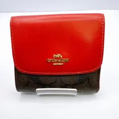 の*ん様 【COACH】三つ折り財布 レッド ブラウン シグネチャー ロゴ 金具