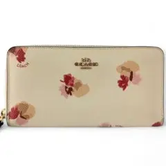 COACH コーチ ラウンドファスナー長財布 花柄 ベージュ フェミニン