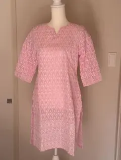 ピンク色　刺繍入りVネック　クルタ エスニックファッション　インド産　M②