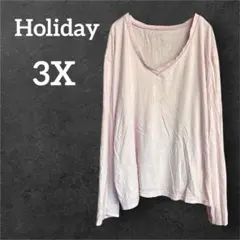 Holiday【3X】ピンク Vネック 長袖 Tシャツ シンプル カジュアル