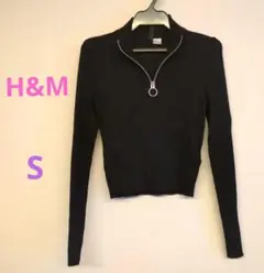 H&M カットソー リブ 黒 S クロップド丈 長袖 トップス レディース