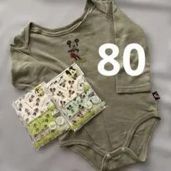 Disney ミッキーマウス ロンパース 長袖　80 ミッキー ミニー カーキ
