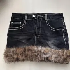ROMWE レオパード柄 ミニ ローウエスト ファー付きブラックミニスカート
