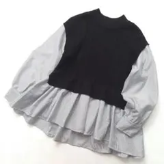 テチチ　ドッキングシャツ　ニットトップス　黒　F　ゆったり　ストライプ　春