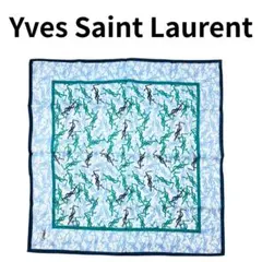 イヴ・サンローラン YSL ロゴ 総柄 シルク ハンカチ スカーフ ブルー系