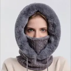 ニット帽⚫️グレー ファー付 防寒具 フード 極暖 ネック 黒 バラクラバ 通勤