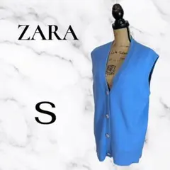 美品✨【ZARA】Ｖネックロングニットベスト　ふわふわ　ビジュー　ブルー　S