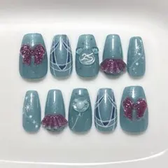 スパークリングジュビリー　25周年　ブルーグリーン　リボン　フリル　ネイルチップ