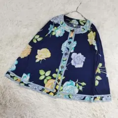 19840✨️レオナール ノーカラージャケット 花柄 LL ネイビー コットン