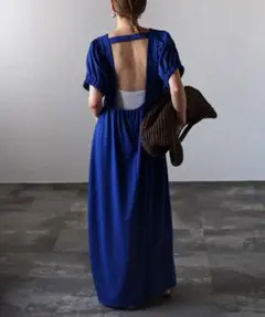 BONJOUR SAGAN バックオープンパフスリーブコクーンワンピース　青