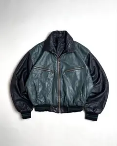 珍品 90's ユーロ フード ラムレザーボンバージャケット バイカラー