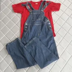 デニムオーバーオールと赤Tシャツセット S