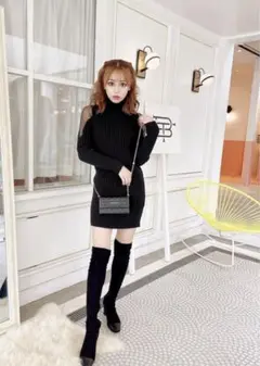 ミシェルマカロン　シースルーショルダーニットワンピース