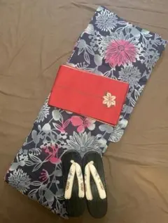 ターコイズ♪小菊に舞胡蝶☆変わり織り 大人 浴衣☆新品 浴衣セット 紺