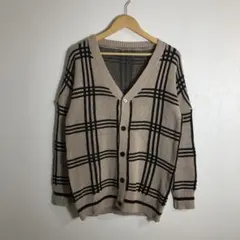 チェック ブラウン 黒 カーディガン Vネック オーバーサイズ ゆったり