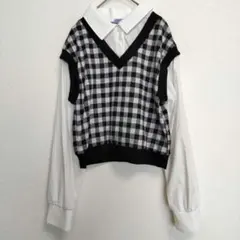 【VEHEMENT..】長袖シャツ(М)重ね着風 ベスト トップス チェック