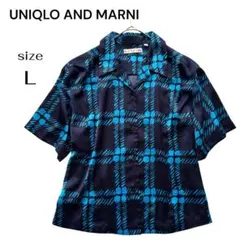 ユニクロ UNIQLO マルニ オープンカラーシャツ 総柄 ネイビー ブルー L