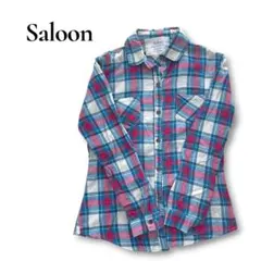 【良品】Saloon/チェック長袖シャツ/青/S/綿/ポケット有/カジュアルのサムネイル
