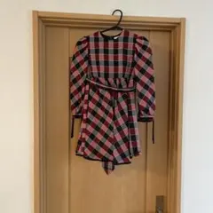 赤と黒のチェック柄 七分袖ワンピース 115