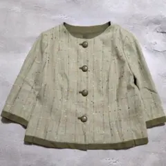 リネン混 ノーカラージャケット 七分袖 グリーン系 日本製 ナチュラル