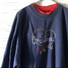 アメリカ古着Grandmas 刺繍 スウェットトレーナー ネイビーL リンガー
