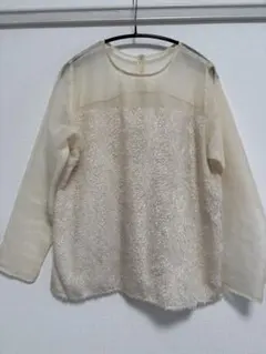 クリーム色 シースルー長袖トップス
