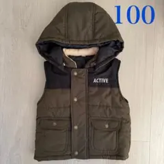 100cm 中綿ベスト フード付き取り外し可　黒×オリーブグリーン