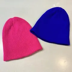 【2点セット】ビーニー　ニット帽／ピンク　ブルー　蛍光カラー