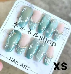 2901:ブルーマグネットお花アートにパールとフレンチ☆XSサイズのサムネイル