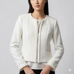 新品 PREMISE ノーカラーツイードジャケット 白 フロントジップ 春 S