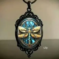 男女兼用✨ トンボ ステンレスグラス風 ペンダント ネックレス アンティーク 黒