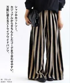 antiqua ストライプ柄 ワイドパンツ ブラック・ベージュ
