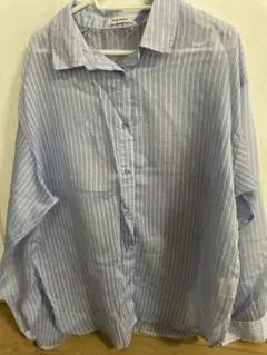 ブルー　ストライプ柄長袖シアーシャツ