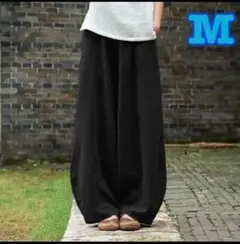 アジアン エスニック サルエル ロングパンツ 黒　無地 ゴム 綿 ワイドパンツ