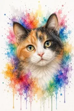 【2Lサイズ】三毛猫 水彩画風 フォトフレーム付き