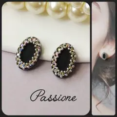 【一点物】キラキラストーン＆マットブラックミニオーバル ピアス/イヤリング