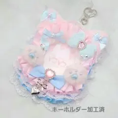 水色リボン ピンク×水色 ピンク猫 硬質カードケース レースデコ B8 縦入れ
