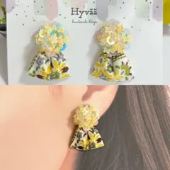 イエロー　クリア　スパンコール　ビーズ　ハンドメイド　ピアス