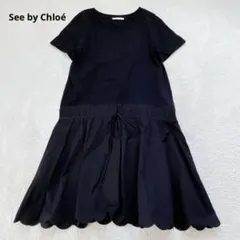 美品✨シーバイクロエ 異素材ドッキングワンピース 裾スカラップ ブラック XSのサムネイル