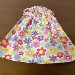 ピンク系北欧調花柄巾着袋ハンドメイド（リメイク品）