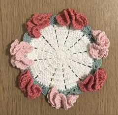 かぎ針編み ドイリー コースター ラメ白&ピンク カーネーション インテリア