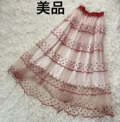 【SHEIN】美品 チュール ティアード 異素材 ロングスカート 刺繍 赤 Lのサムネイル