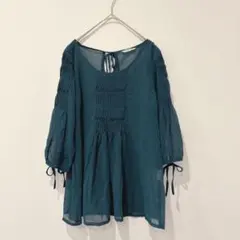 .ブラウス ドット 透け感　シアー　緑 グリーン　38 七分袖　レース