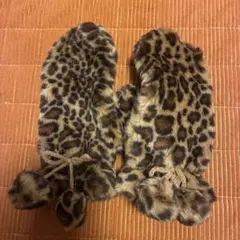 ヒョウ柄ファー ミトン手袋