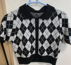 アーガイル柄 ニットポロ 半袖 クロップド丈 白×黒のサムネイル