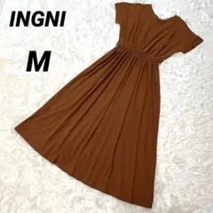 【美品】INGNI ブラウン Vネック 半袖 ロングワンピース ウエストゴム M
